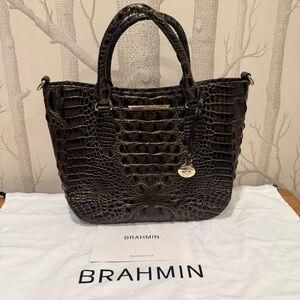 NWOT Brahmin Small Lena Graphite Melbourne Embossed Leather Satchel